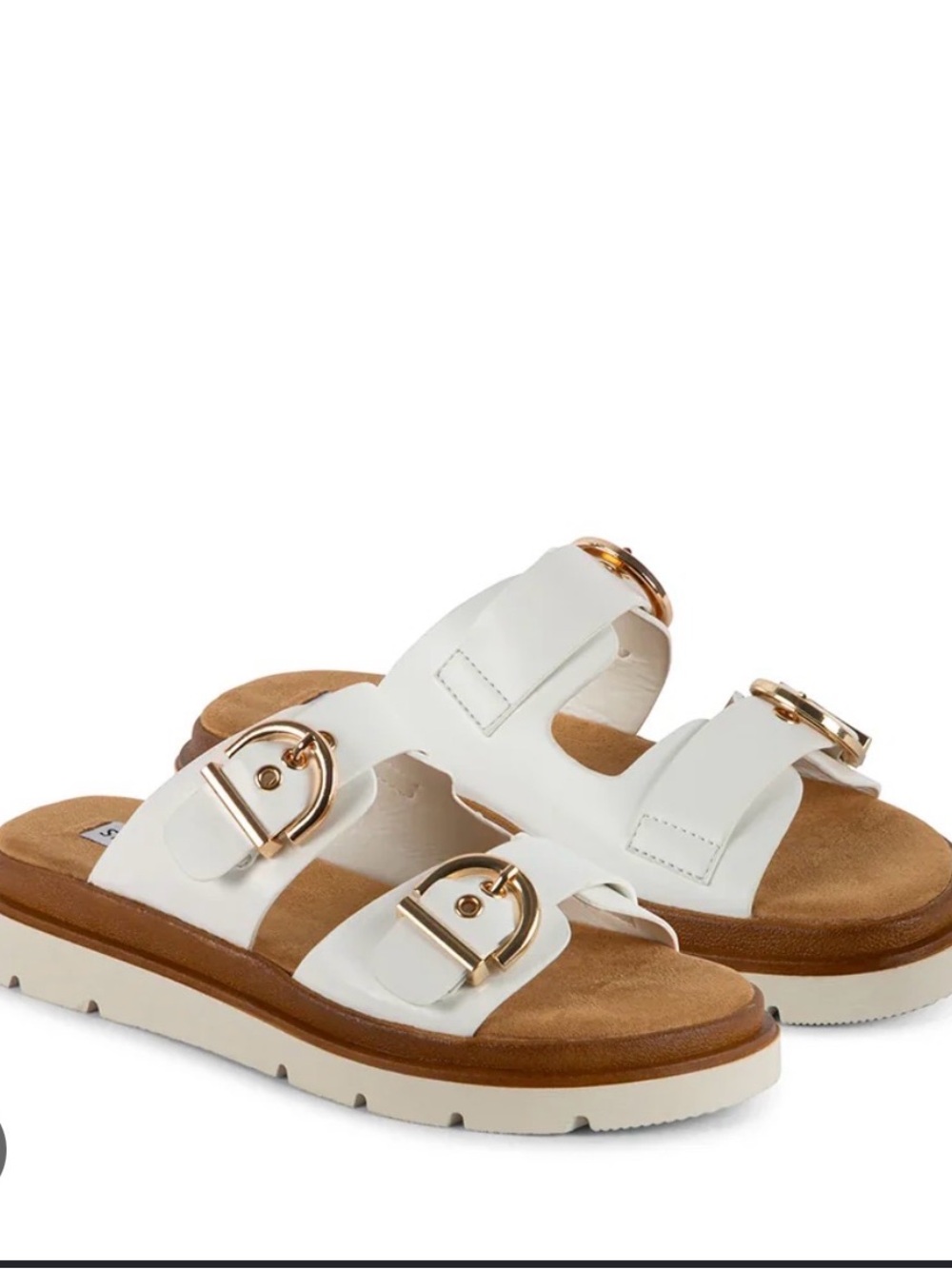 Steve Madden White Slide Sandals with Gold Buckles